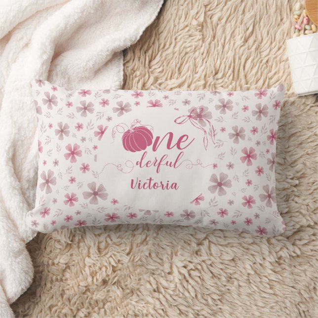 COUSSIN RECTANGLE PINK BOW & ARCH FALL PUMPKIN FLOWERS BIRTHDAY (Couverture)