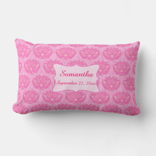 Coussin Rectangle Pink Damask Baby Girl Nom Naissance personnalisée
