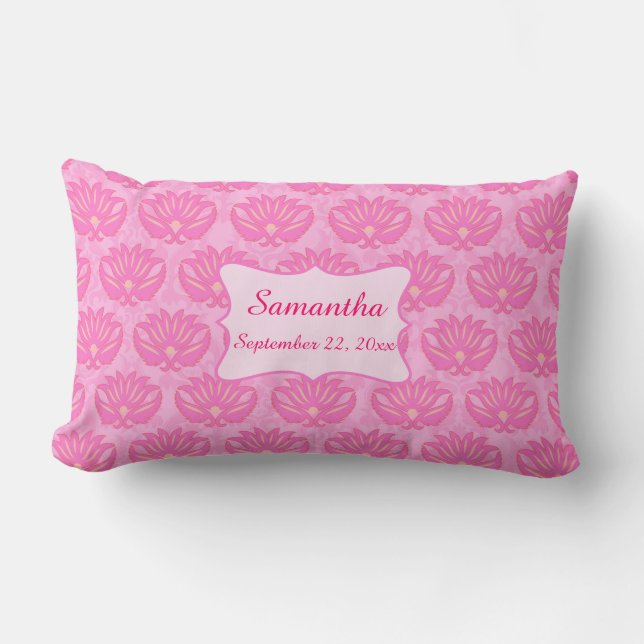 Coussin Rectangle Pink Damask Baby Girl Nom Naissance personnalisée (Recto)