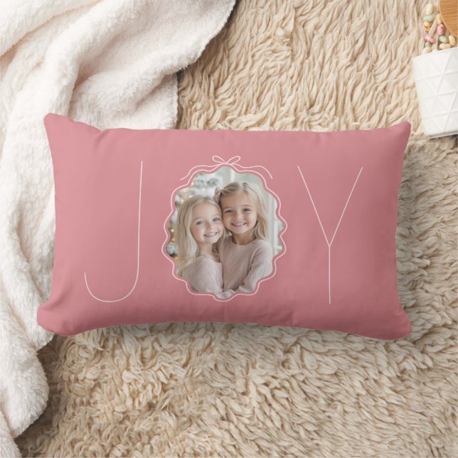 Coussin Rectangle Pink JOY Simple Bow Wavy Photo Noël (Couverture)