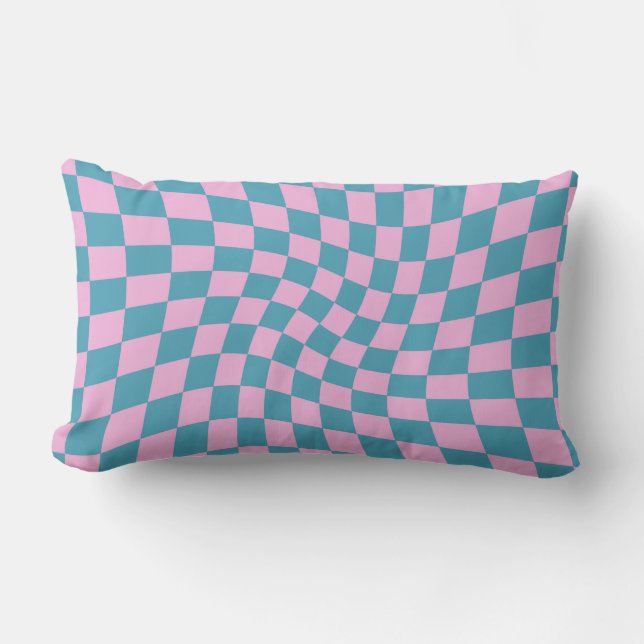 Coussin Rectangle Pink pastel bleu rétro en damier dépoli (Recto)
