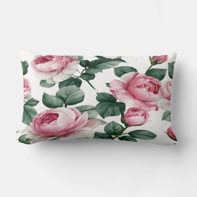 Coussin Rectangle Pink Roses Floral Throw Pillow (Recto)