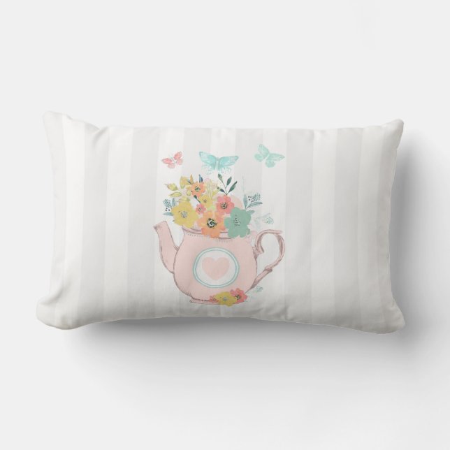 Coussin Rectangle Pink Teapot with Flowers & Butterflies (Recto)