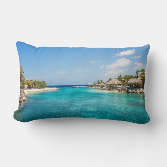 Coussin Rectangle Plage tropicale pittoresque avec huttes de chaume  (Recto)