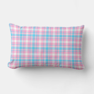 Coussin Rectangle Plaid bleu clair, rose et blanc