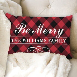 Coussin Rectangle Plaid Rouge Familial Monogrammé "Be Merry"