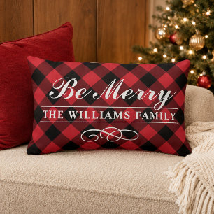 Coussin Rectangle Plaid Rouge Familial Monogrammé "Be Merry"