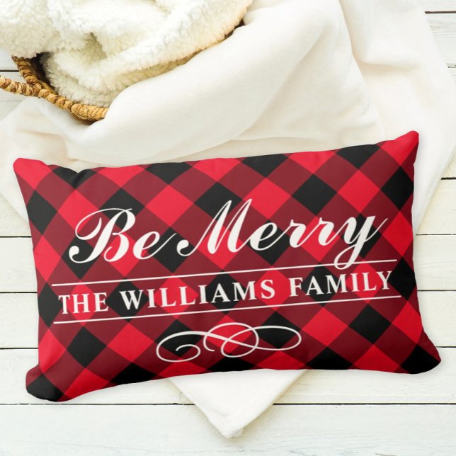 Coussin Rectangle Plaid Rouge Familial Monogrammé "Soyez Joyeux" (Créateur téléchargé)