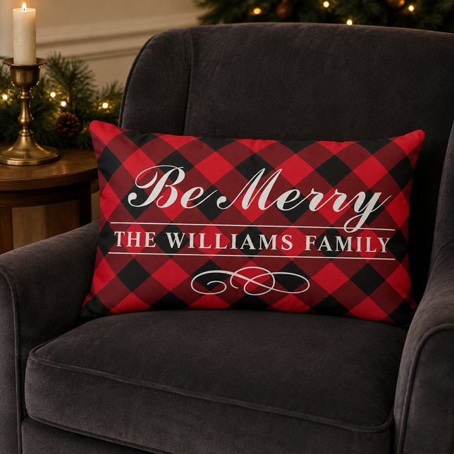 Coussin Rectangle Plaid Rouge Familial Monogrammé "Soyez Joyeux" (Créateur téléchargé)