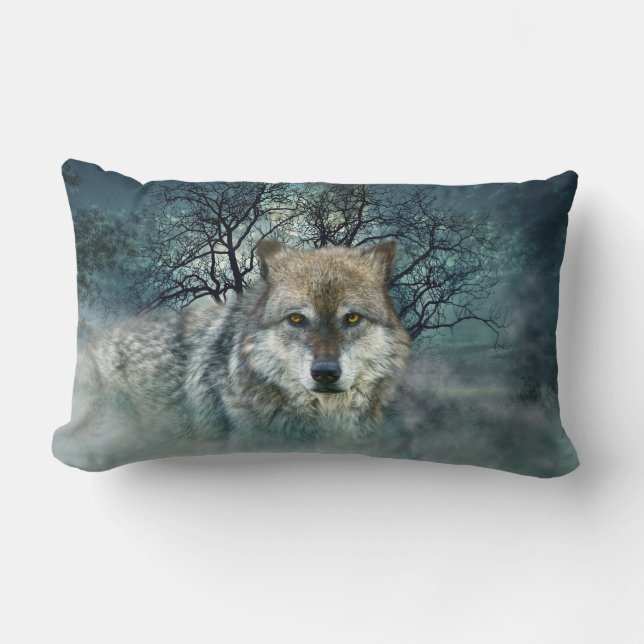 Coussin Rectangle Pleine lune de loup en brouillard (Recto)