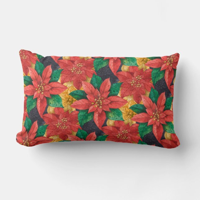 Coussin Rectangle Poinsettias Rouge et Or Noël de Noël (Recto)