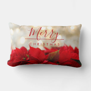 Coussin Rectangle Poinsettias rouges avec Golden Bokeh Noël
