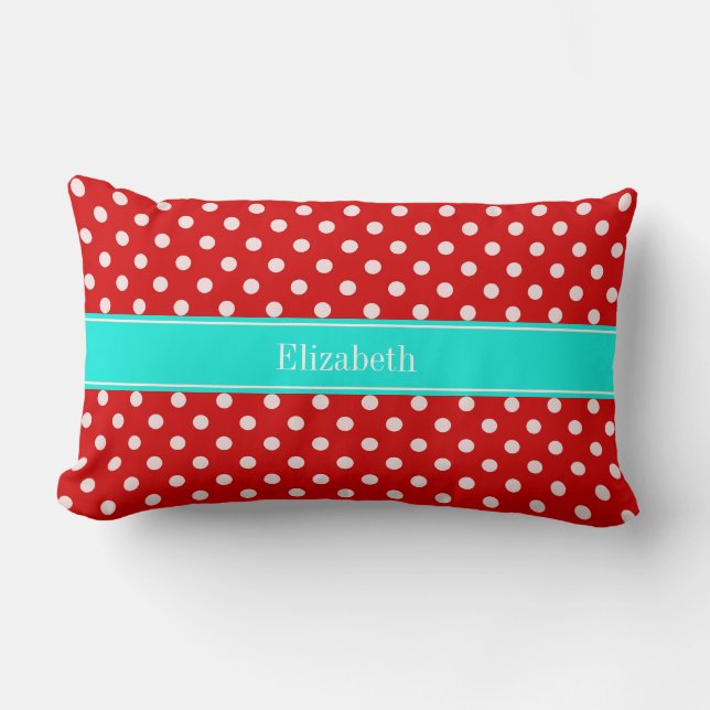Coussin Rectangle Points Rouges et Blancs Monogramme Aqua Nom Bretel (Recto)