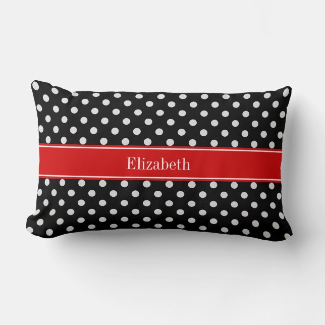 Coussin Rectangle Pois noirs et blancs Nom rouge Monogramme (Recto)