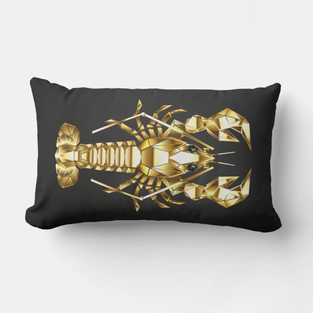 Coussin Rectangle Poisson à langouste polygonale dorée sur noir (Recto)
