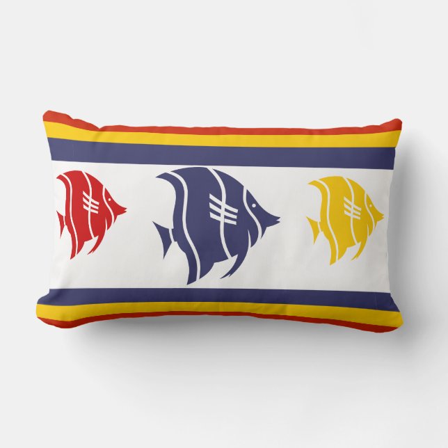 Coussin Rectangle poisson bleu marine, jaune et rouge sur blanc (Recto)