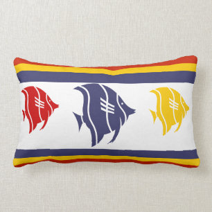 Coussin Rectangle poisson bleu marine, jaune et rouge sur blanc