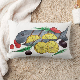 Coussin Rectangle Poisson Grillé Grec Fruits de mer Méditerranéens