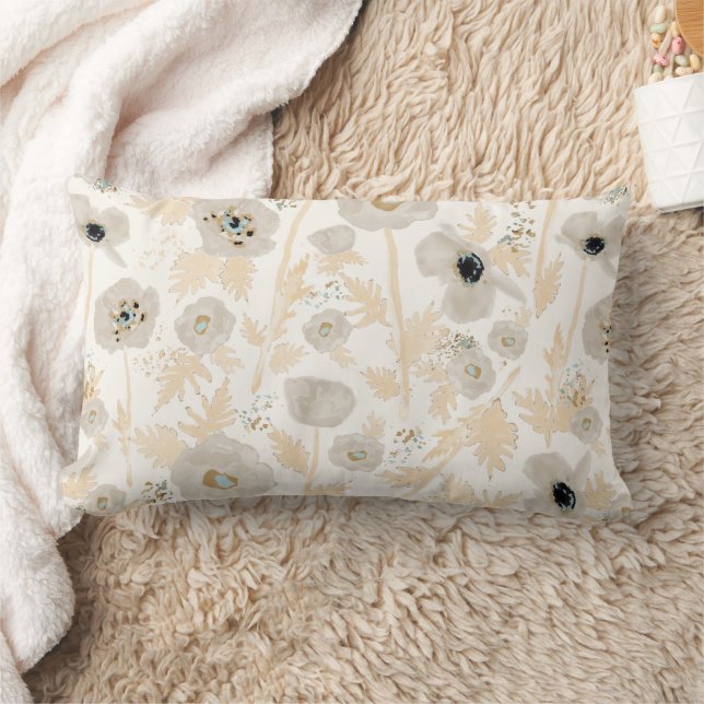 Coussin Rectangle Poppies Jaune Gris Or Aquarelle Bleu Floral (Couverture)