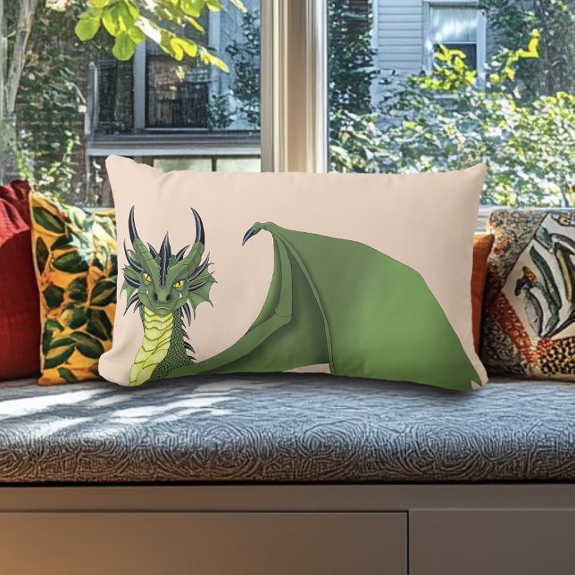 Coussin Rectangle Portrait de Dragon Mignon Vert Fantastique Pêche (Créateur téléchargé)