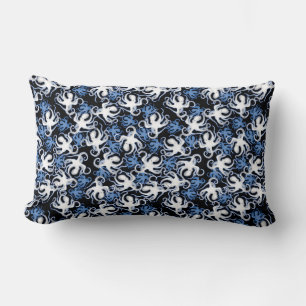 Coussin Rectangle Poulpe noir, blanc et bleu en motif sans couture