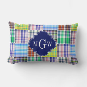 Coussin Rectangle Preppy Patchwork Madras Navy Quatrefoil Monogramme