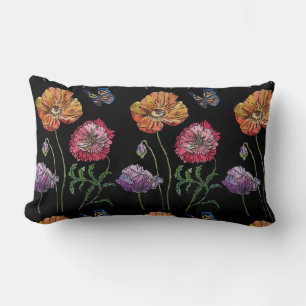 Coussin Rectangle Pretty Poppies Black Aquarelle Fleurs Floral Cu