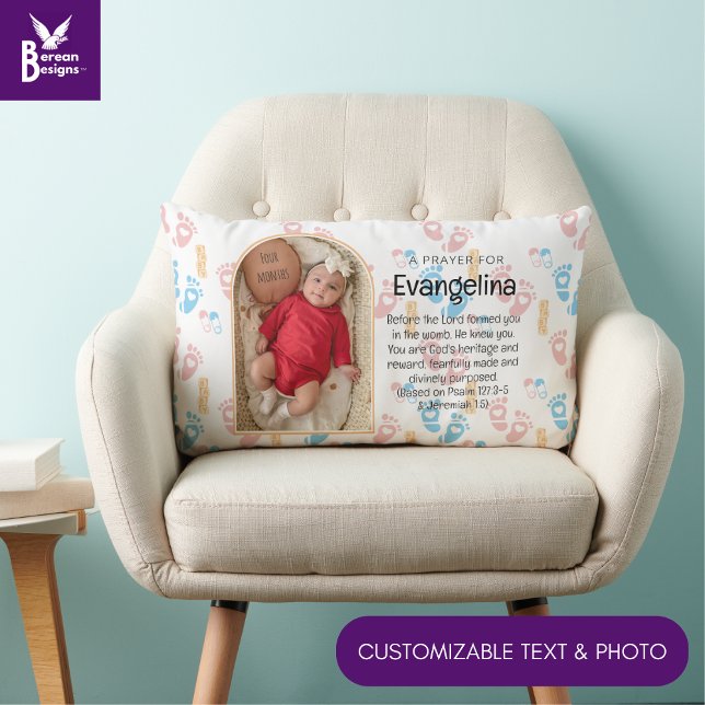Coussin Rectangle Prière chrétienne pour bébé personnalisée (Cute Christian baby keepsake lumbar pillow w/ customizable photo and blessing. Ideal for new parents)