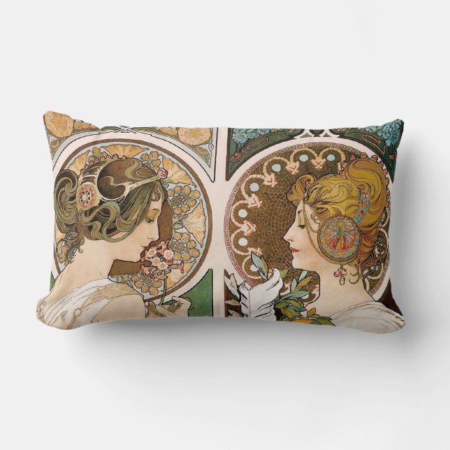 Coussin Rectangle Primroses et plumes, Mucha (Recto)