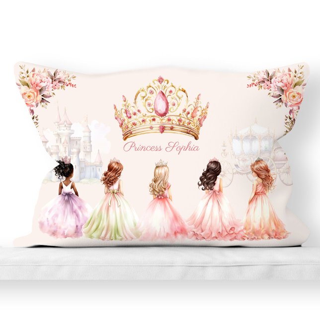 Coussin Rectangle Princesse Couronne rose or Floral Nom de la fille (Princess Crown Pink Gold Floral Girl Name Lumbar Pillow)