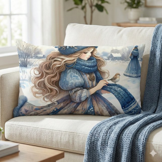 Coussin Rectangle Princesse Fantastique d'Hiver dans un Pays de Cont (Winter Fantasy Princess in a Snowy Fairytale Lands Lumbar Pillow Mockup A)