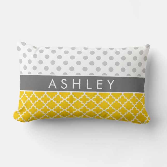 Coussin Rectangle Quatrefoil jaune et motif de point gris de polka (Recto)