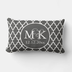 Coussin Rectangle Quatrefoil Monogramme Mariage gris et blanc V2