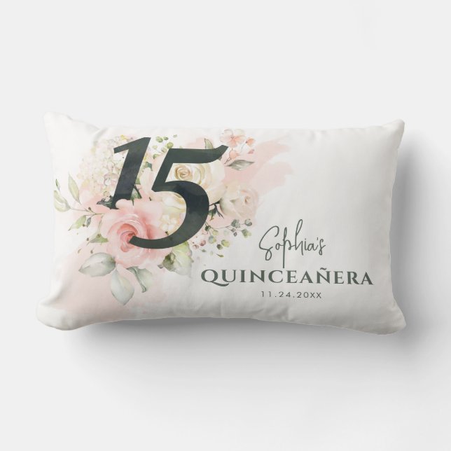 Coussin Rectangle Quinceanera personnalisée Floral rose 15e annivers (Recto)