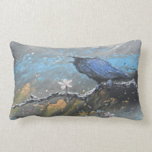 Coussin Rectangle Raven avec des fleurs de cerisier dans la neige