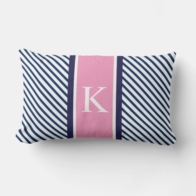 Coussin Rectangle Rayures blanches de bleu marine et monogramme rose (Recto)