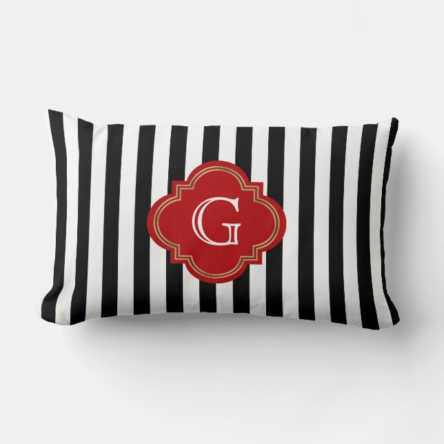 Coussin Rectangle Rayures blanches noires, monogramme rouge (Recto)