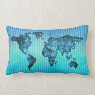 Coussin Rectangle Rayures bleues au néon de la carte du monde