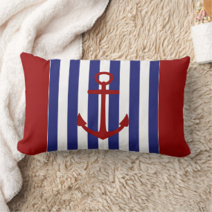 Coussin Rectangle Rayures bleues et blanches nautiques avec ancre ro
