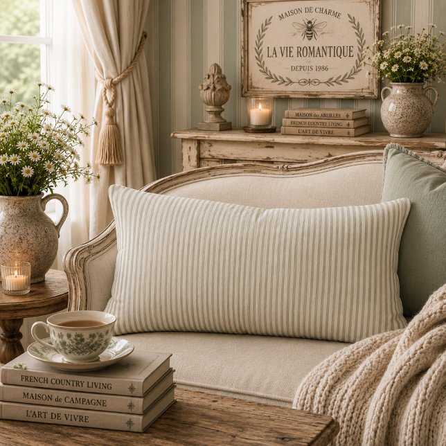 Coussin Rectangle Rayures de campagne française au vert sauge atténu (Créateur téléchargé)