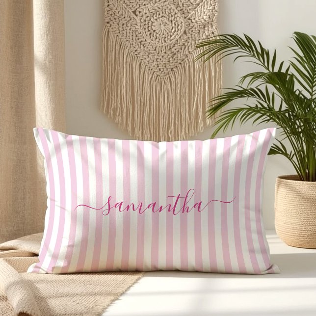 Coussin Rectangle Rayures de signature rose clair et blanc (Light Pink and White Pin Stripes Signature Lumbar Pillow)