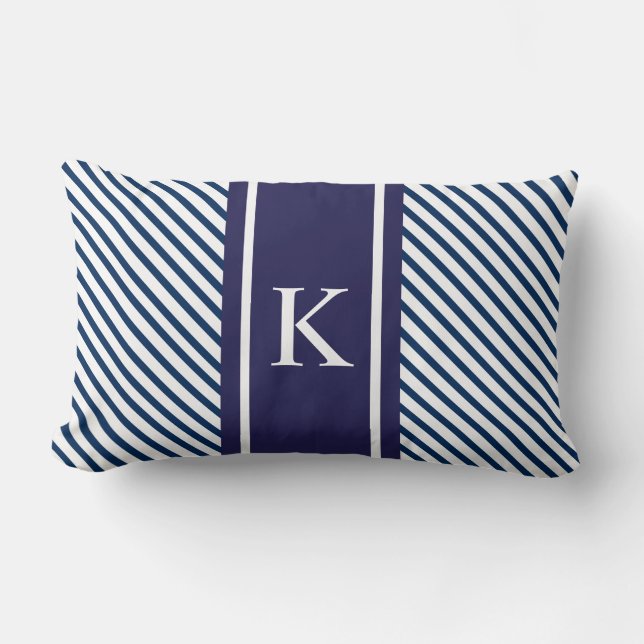 Coussin Rectangle Rayures et monogramme blancs de bleu marine (Recto)