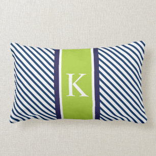 Coussin Rectangle Rayures et monogramme de vert de bleu marine