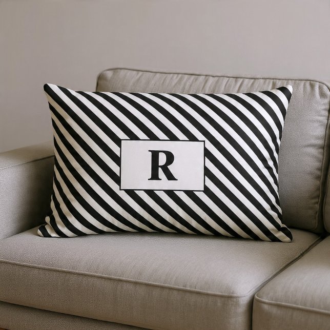 Coussin Rectangle Rayures noires et blanches monogrammées (Créateur téléchargé)