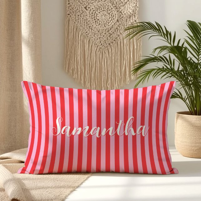 Coussin Rectangle Rayures Signature Rouge et Rose (Red and Pink Pin Stripes Signature Lumbar Pillow)