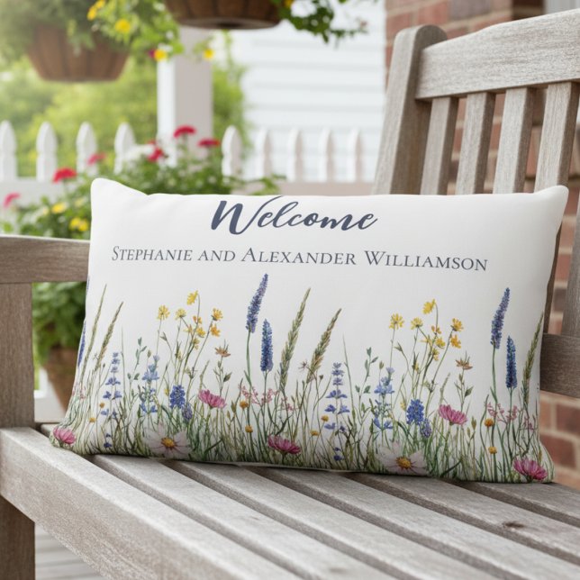 Coussin Rectangle Realtor Closing Gift Wildflower Welcome Pillow (Wildflower personalized porch welcome pillow)