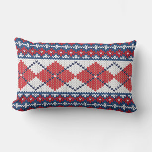 Coussin Rectangle Red Blue & White Nordic Fair Isle Jacquard Motif