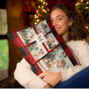 Coussin Rectangle Red Buffalo Plaid & Collage Photo Avec Initiale