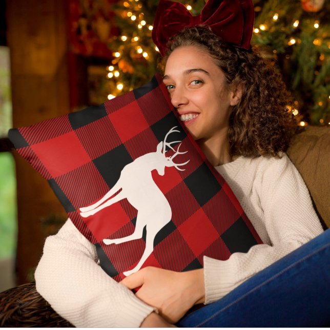 Coussin Rectangle Red Buffalo Plaid & White Deer (Créateur téléchargé)