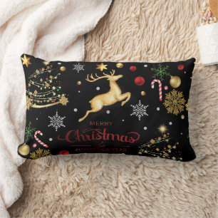 Coussin Rectangle Red Gold Reindeer Joyeux sapin de Noël